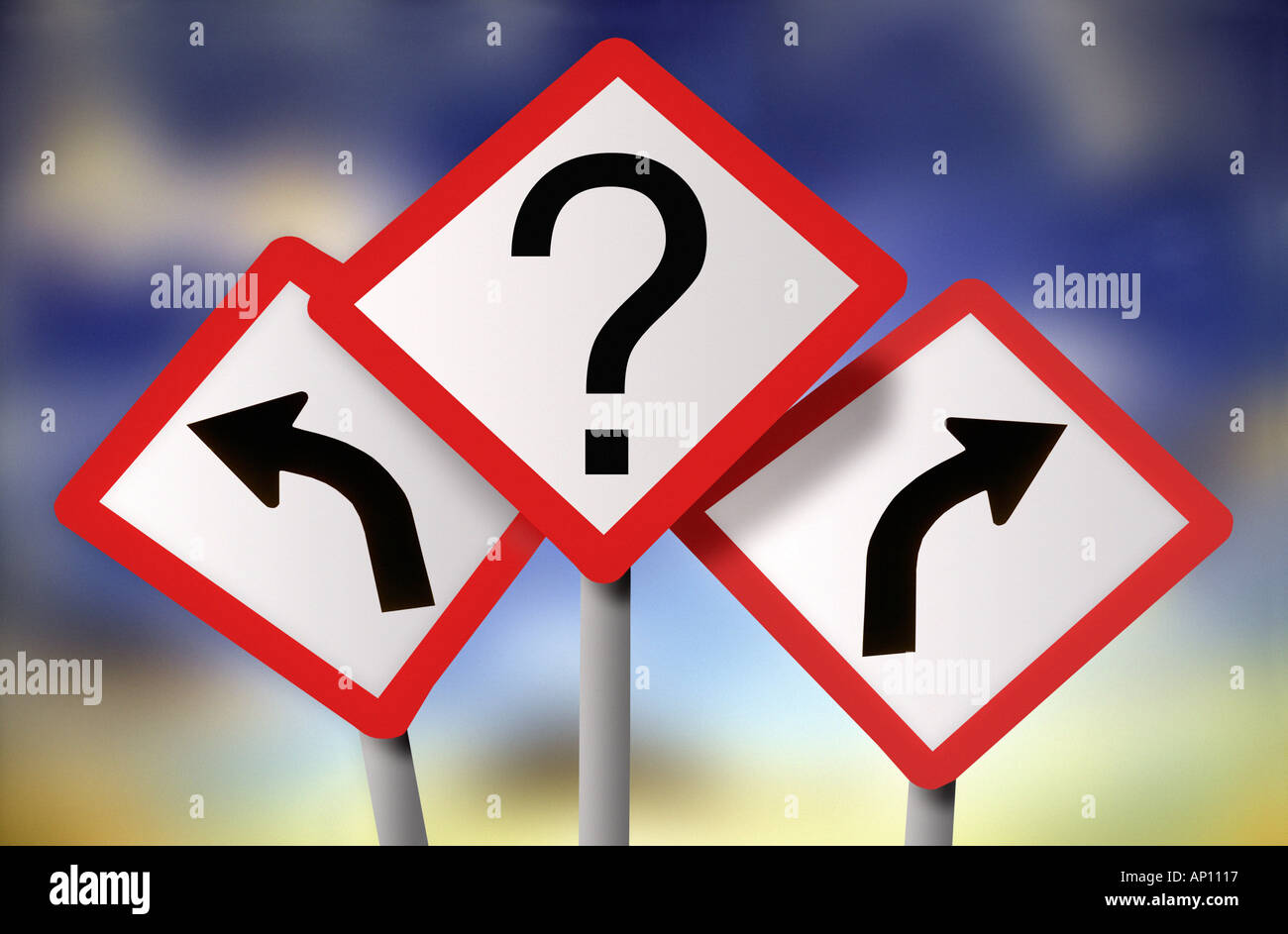 Road direction signs with arrows and question mark Sky background Stock