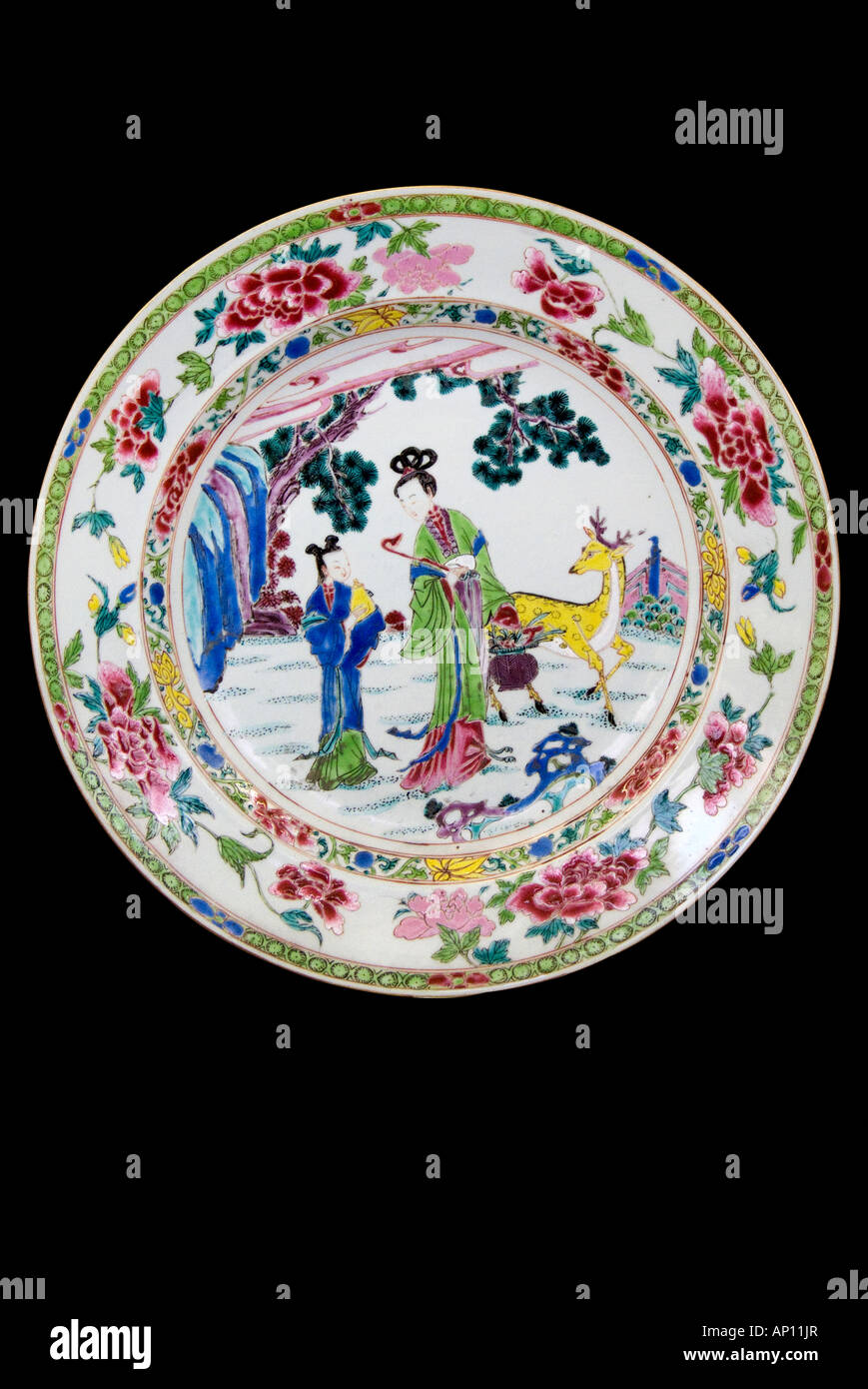 porcelain ceramic plate Chinese figurative deer flower garden Manchu Dynasty  Aisin Gioro northeast China Manchuria Empire of th Stock Photo