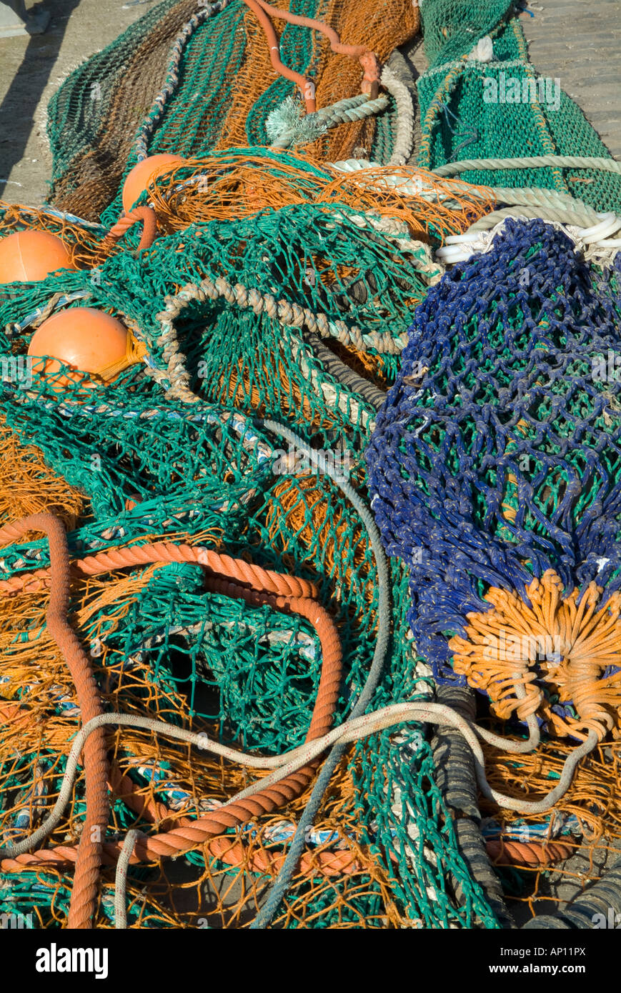 Pittenweem harbour nylon fishing net orange float green trawl