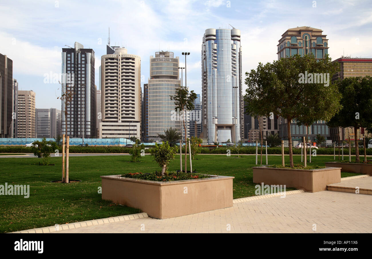 Modern skyscrapers and gardens, skyline, Abu Dhabi city, United Arab Emirates, Middle East, Asia Stock Photo
