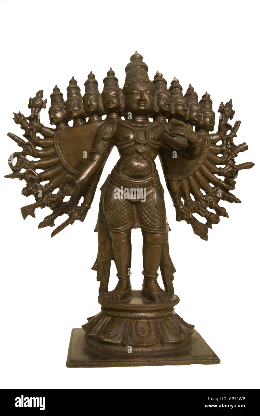 vishnu bronze formal pose white south india ten head supreme creator and destroyer of universe many arms hold weapons a disc tri Stock Photo