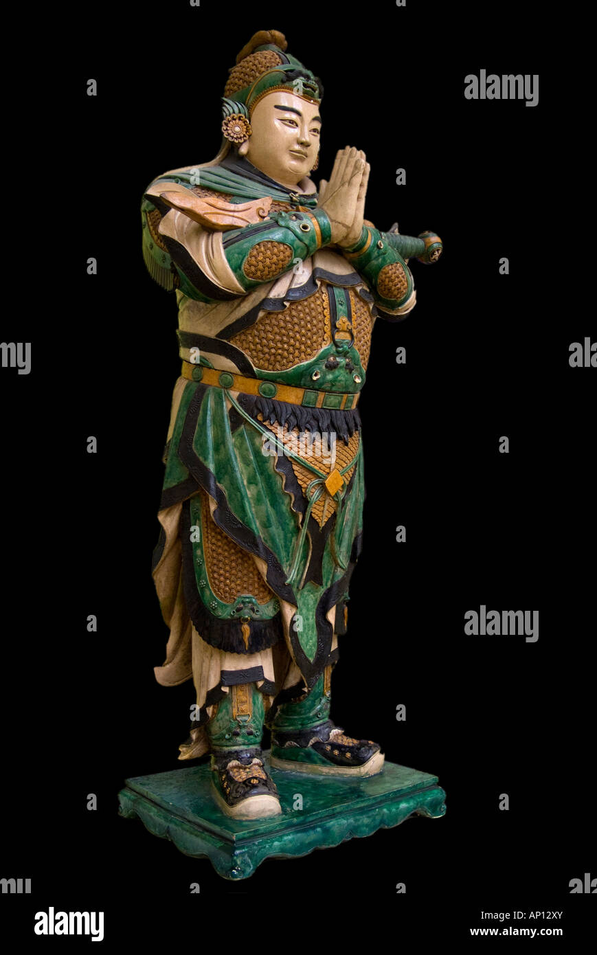 wei t'o earthenware figure China Warrior Samurai soldier military man life size glazed in black green yellow china honan provinc Stock Photo