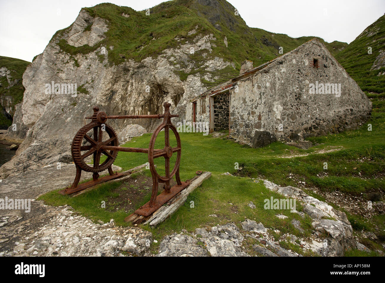 Abandoned and disused Salmon fishing cottage and winch Co Antrim