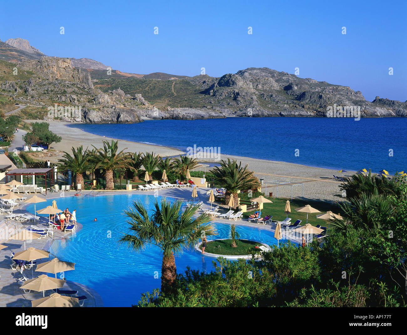 Pool and beach, Damnioni near Plakias, Crete, Greece Stock Photo