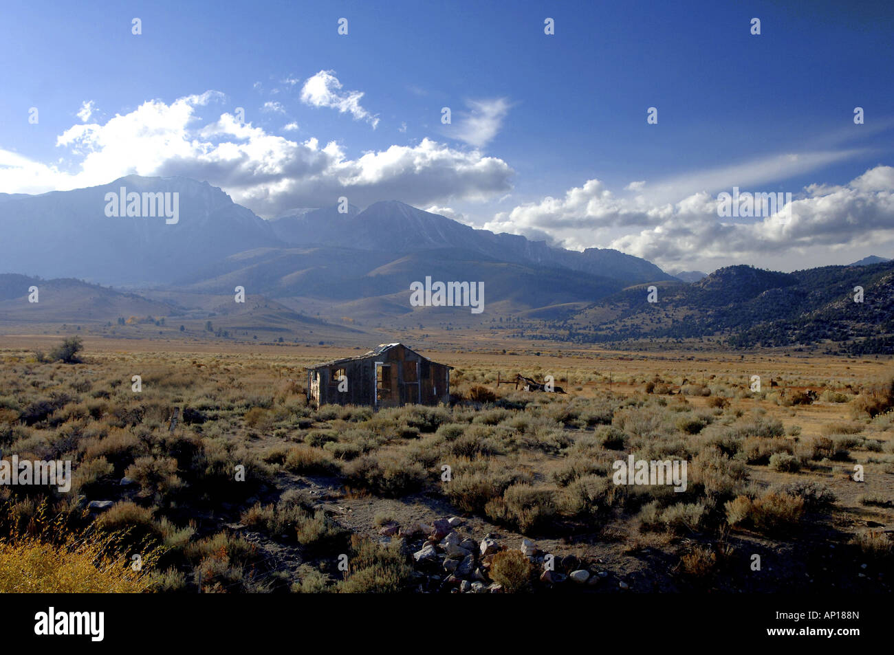 Abandoned Hut in front of the East Side of the Sierra Nevada, California, USA Stock Photo