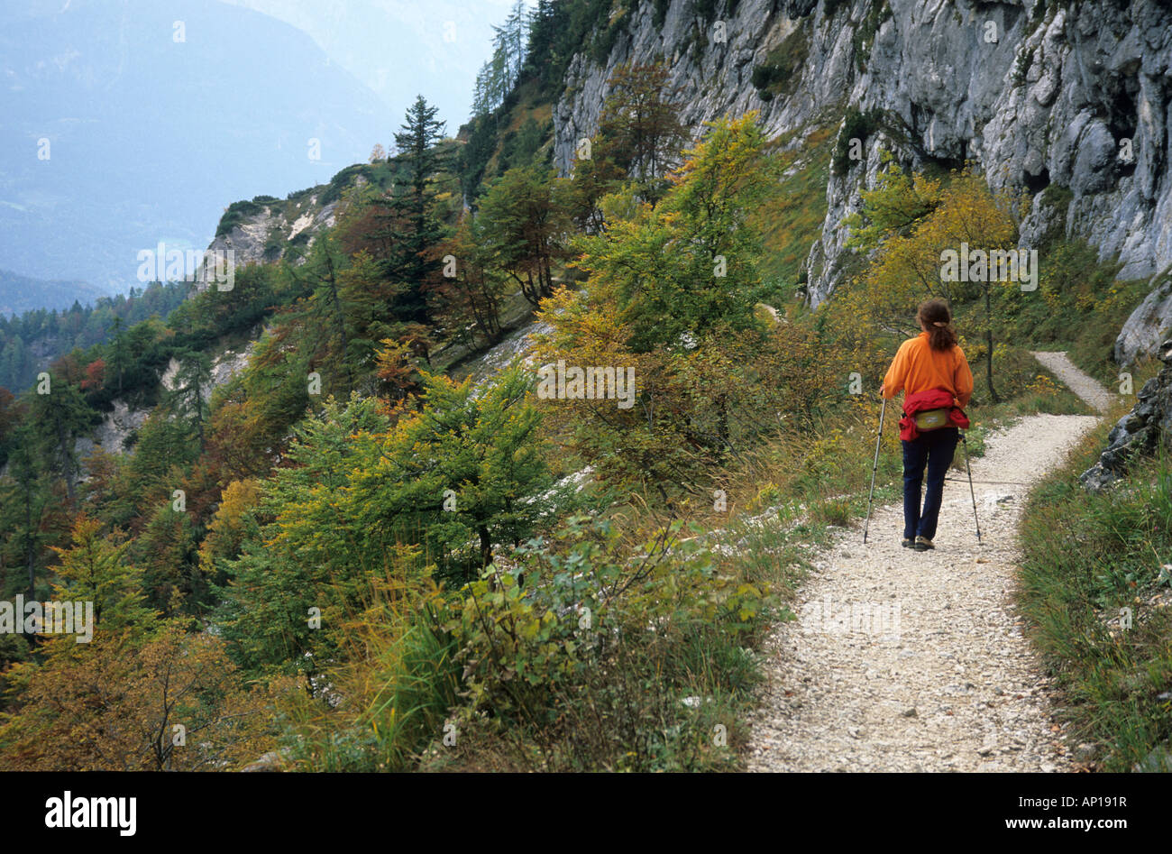 mountaineerer at Stoehrweg, descent from Untersberg, Berchtesgaden Range, Upper Bavaria, Bavaria, Germany Stock Photo