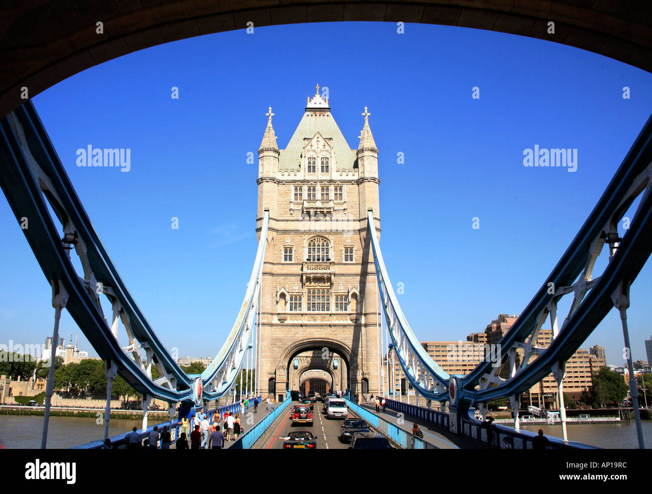 Crossing the Tower Bridge in London Stock Photo