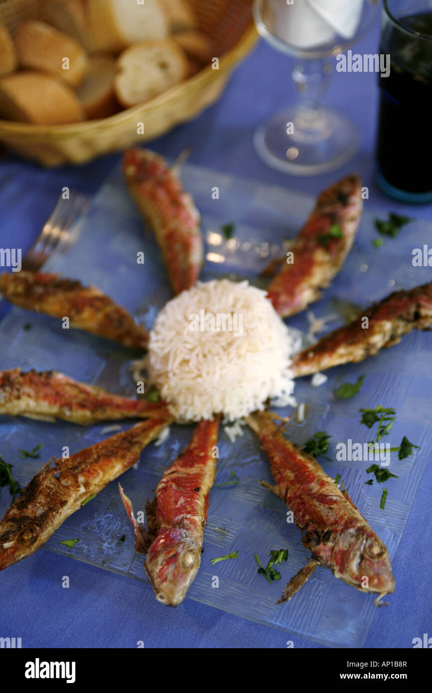 Fried Red Mullet & Rice, Bonifacio, Corsica, France Stock Photo