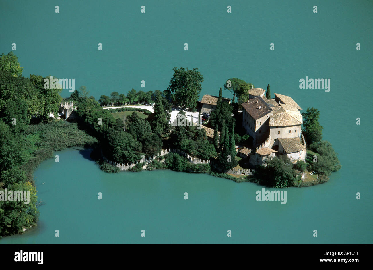 castle at lake Lago Toblino from fixed rope route Rino Pisetta, Sarche, Sarca valley, Trentino, Italy Stock Photo