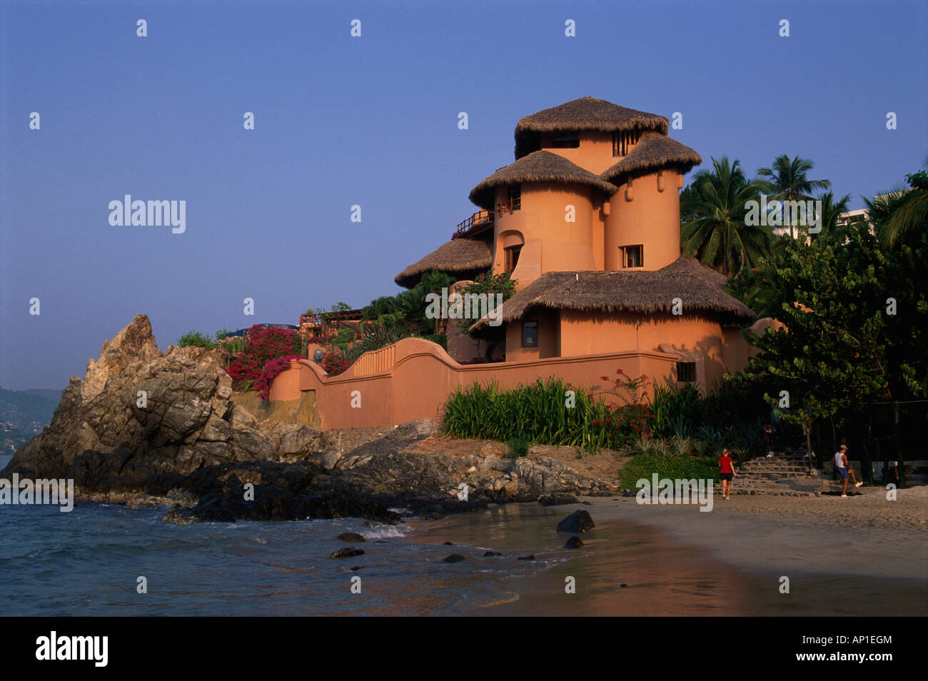 Hotel and beach, Playa la Ropa and La Casa que canta Zihuatanejo, Mexico, America Stock Photo