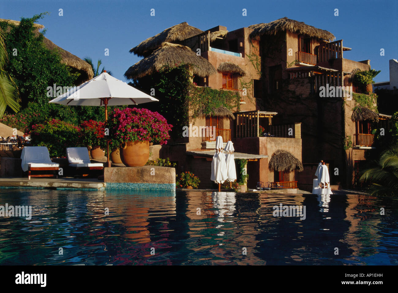 Small Luxury Hotel with reflection in water, La Casa que canta Zihuatanejo, Guerrero, Mexico, America Stock Photo