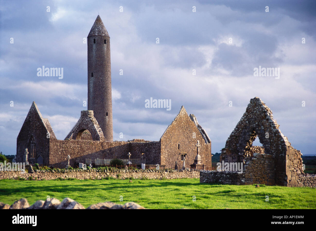 Monastery ruins of Kilmacduagh, Gort, County Galway, Republic of Ireland Stock Photo