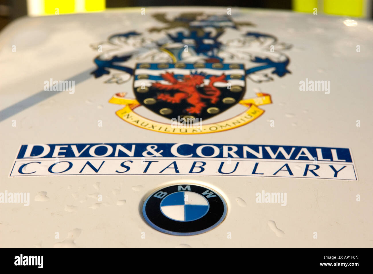 Top box of a Devon and Cornwall Constabulary Police bike Stock Photo