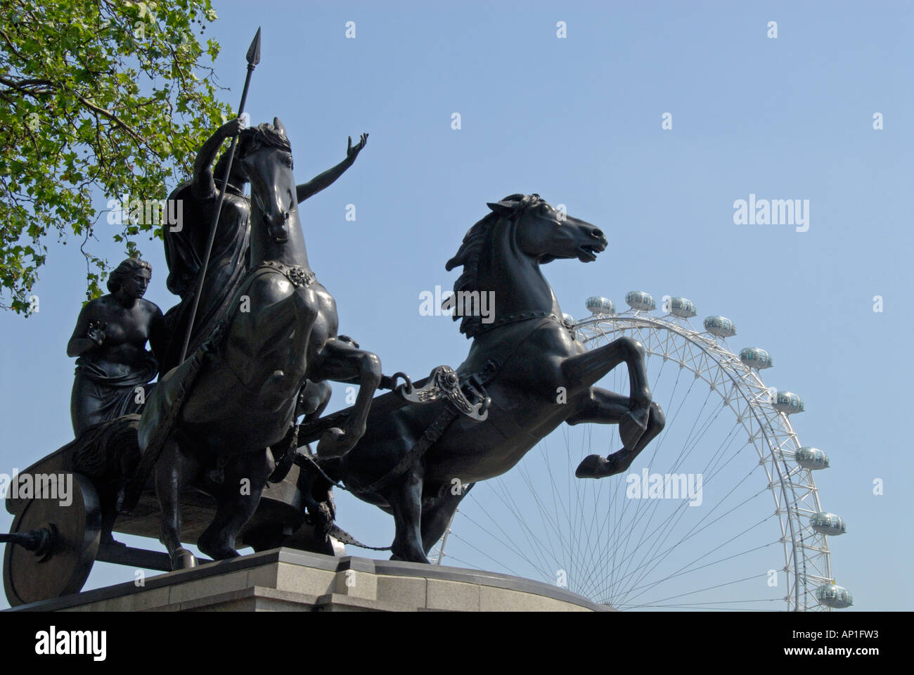 Statue of Boudica and London Eye near Westminster Bridge London Stock Photo