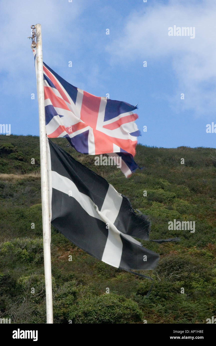 Cornish flag and Union Jack flying proudly in Boscastle village a year after the devastating flood of 16th August 2004 Stock Photo