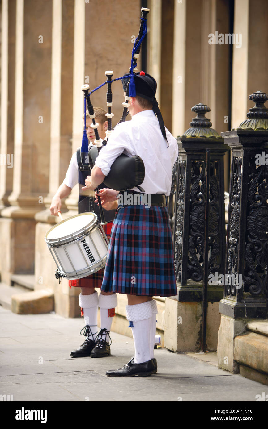 Piper And Drummer In Traditional Costume Glasgow Scotland UK Stock