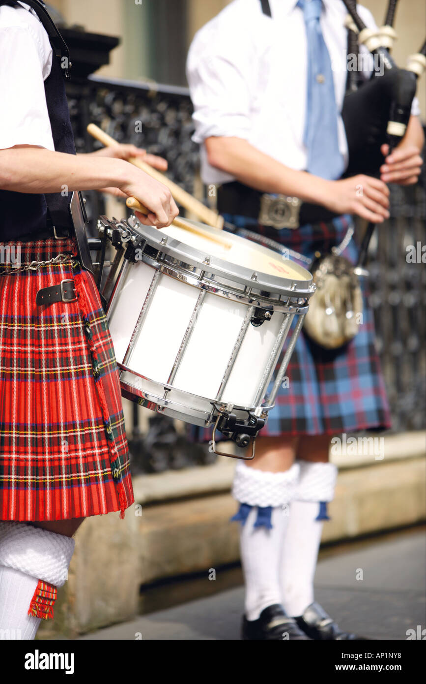 Piper And Drummer In Traditional Costume Glasgow Scotland UK Stock