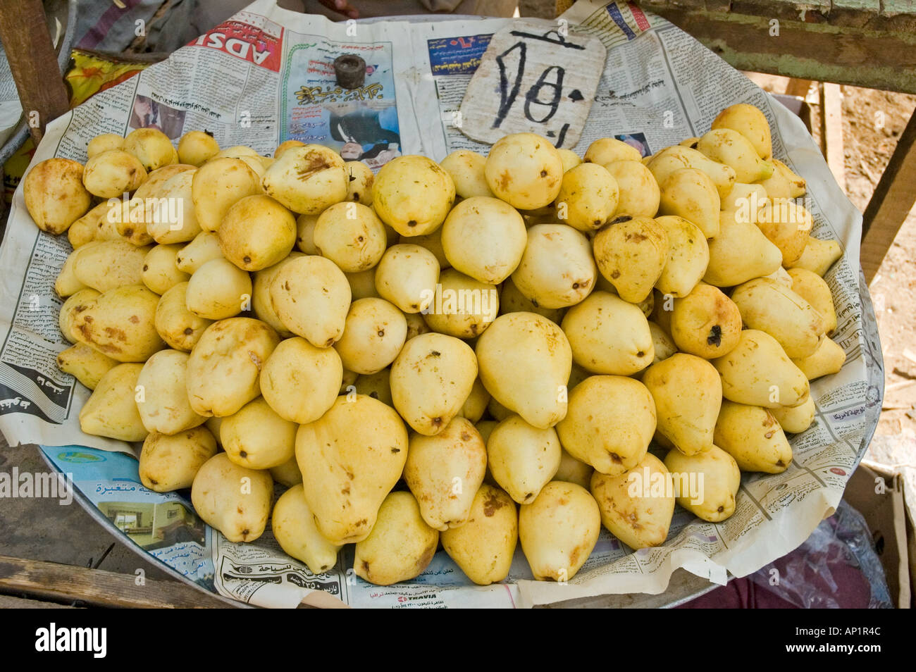 Neatly arranged Yellow ripe guava fruit for sale in a market at Aswan, Upper Egypt, Middle East DSC 4285 Stock Photo