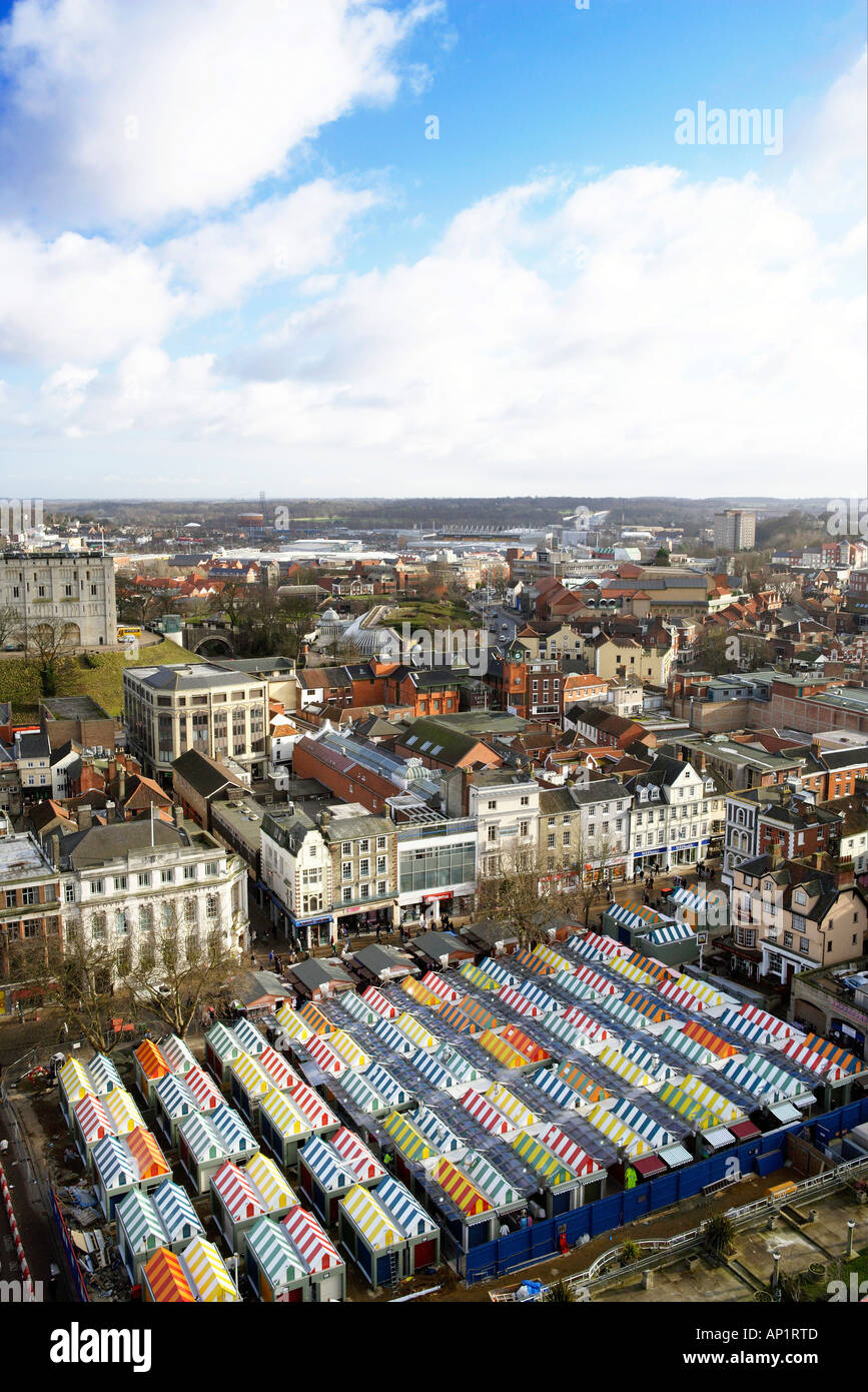 Aerial View Of City Centre Market Place And Castle Norwich Norfolk UK Stock Photo