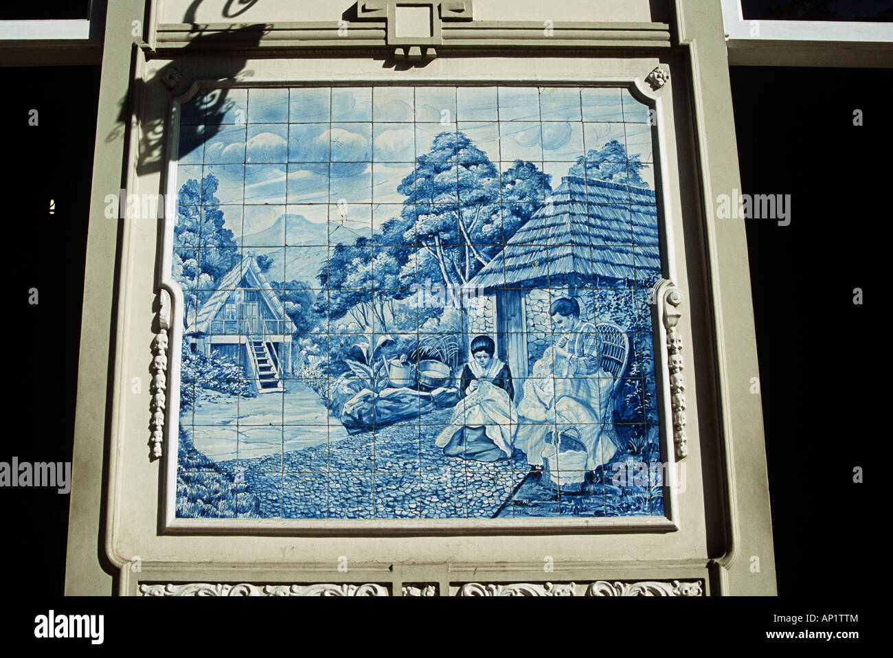 Panel of 1920s Azulejos tiles on outside of Toyota showroom, Avenida Arriaga, Funchal, Madeira Stock Photo