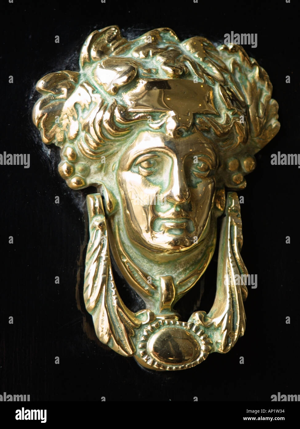 Brass door knocker against a black door in Merrion Square's