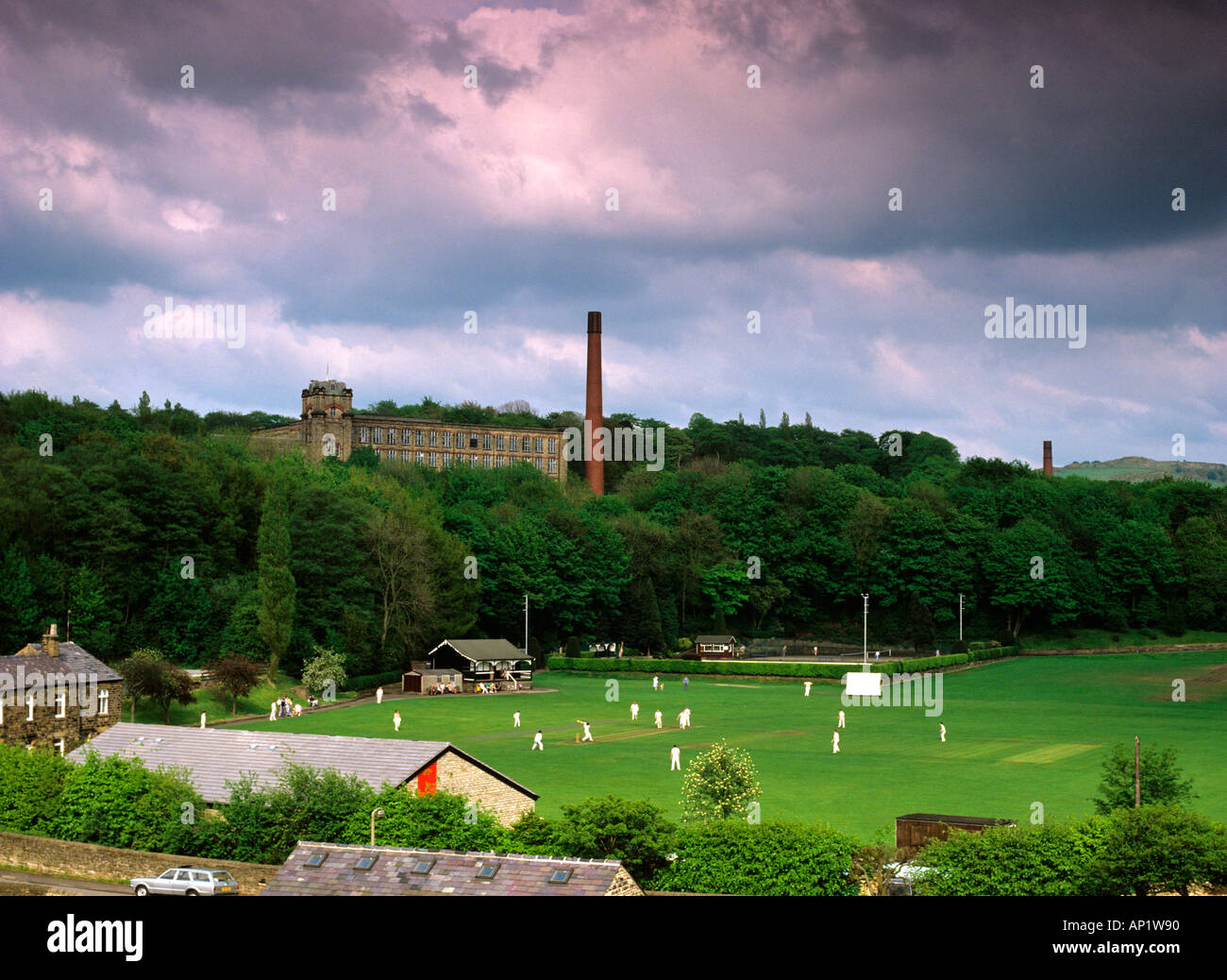 Cheshire Bollington village cricket on the recreation ground Stock Photo