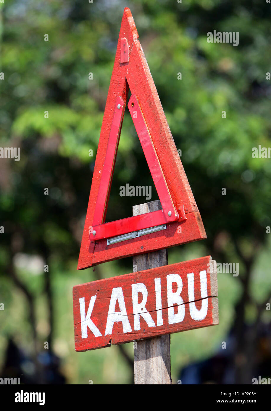 Tanzania: a sign welcomes visitors in swahili language. Karibu means welcome Stock Photo