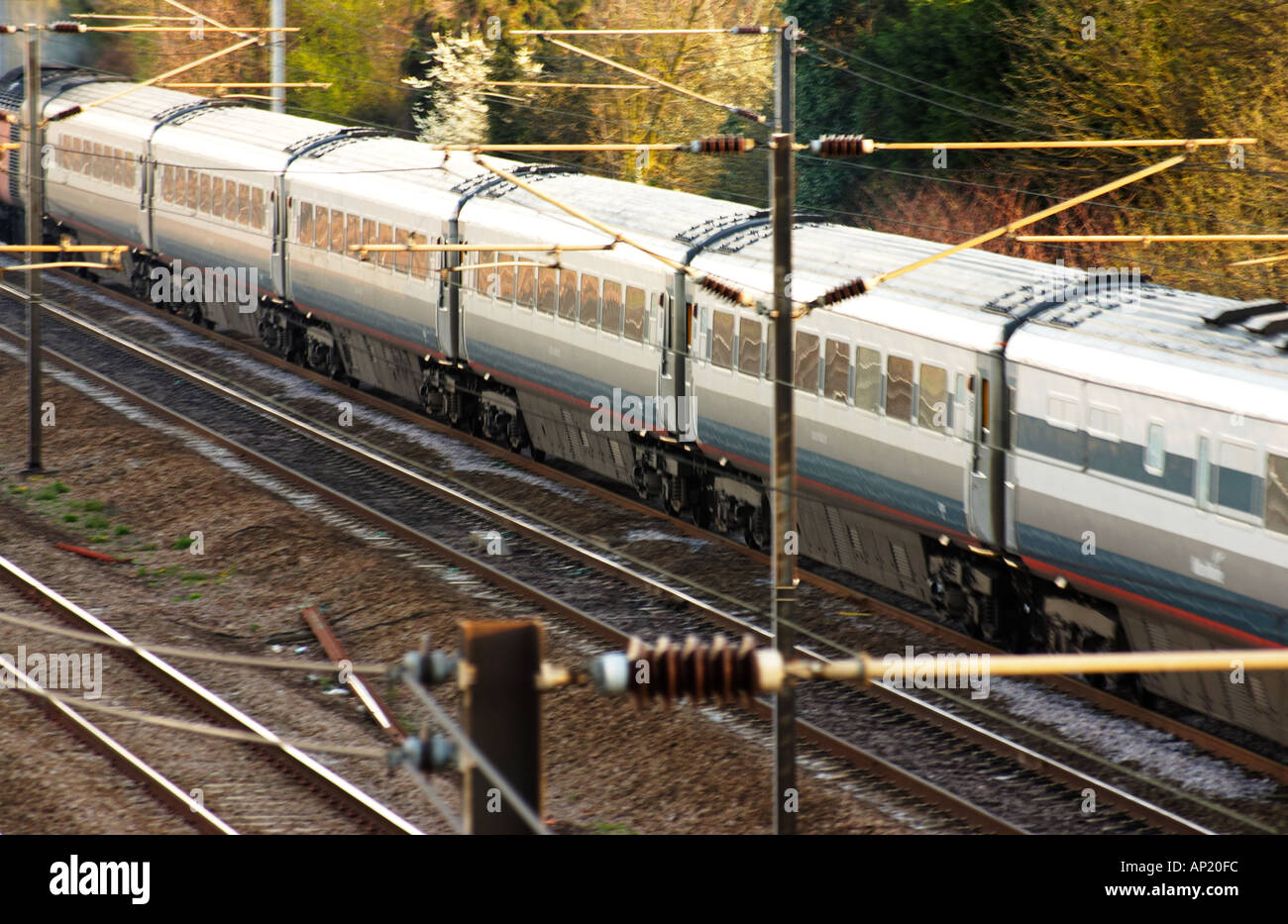 Train carriages on tracks in London UK rail railway commute transport