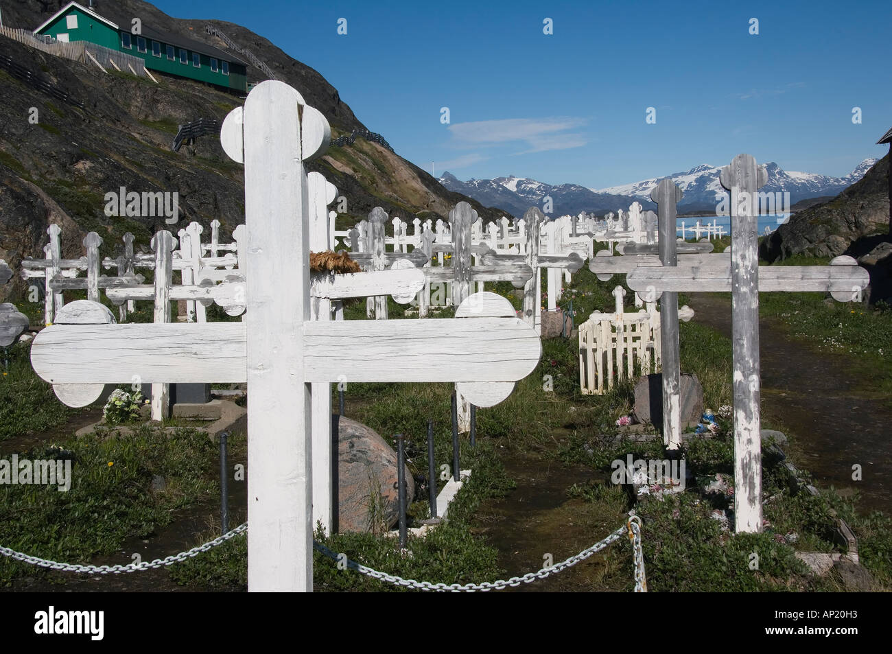 Maniitsoq or Sukkertoppen cemetery Cross Greenland Denmark Stock Photo
