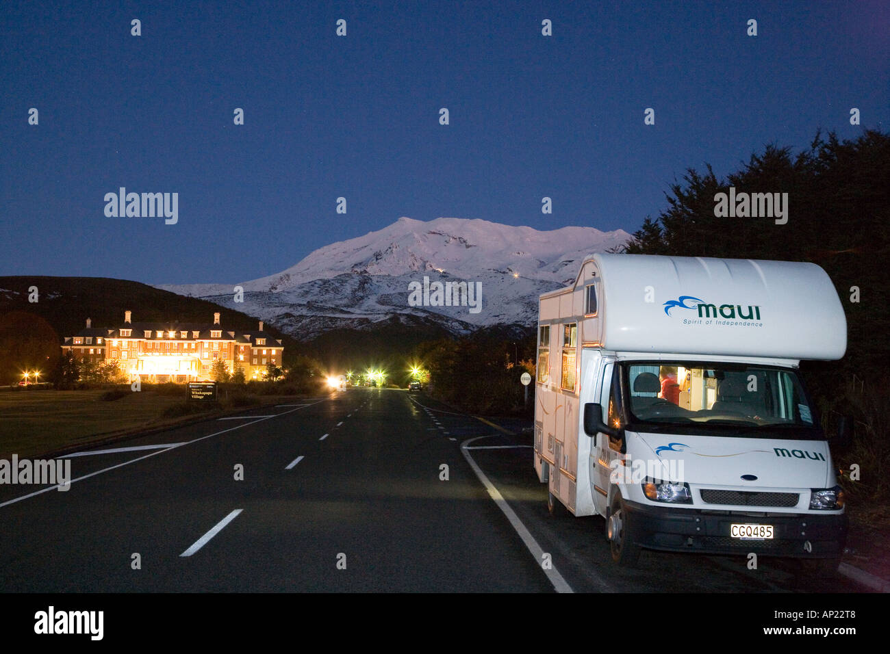 Grand Chateau Campervan and Mt Ruapehu at Dusk Central Plateau North Island New Zealand Stock Photo