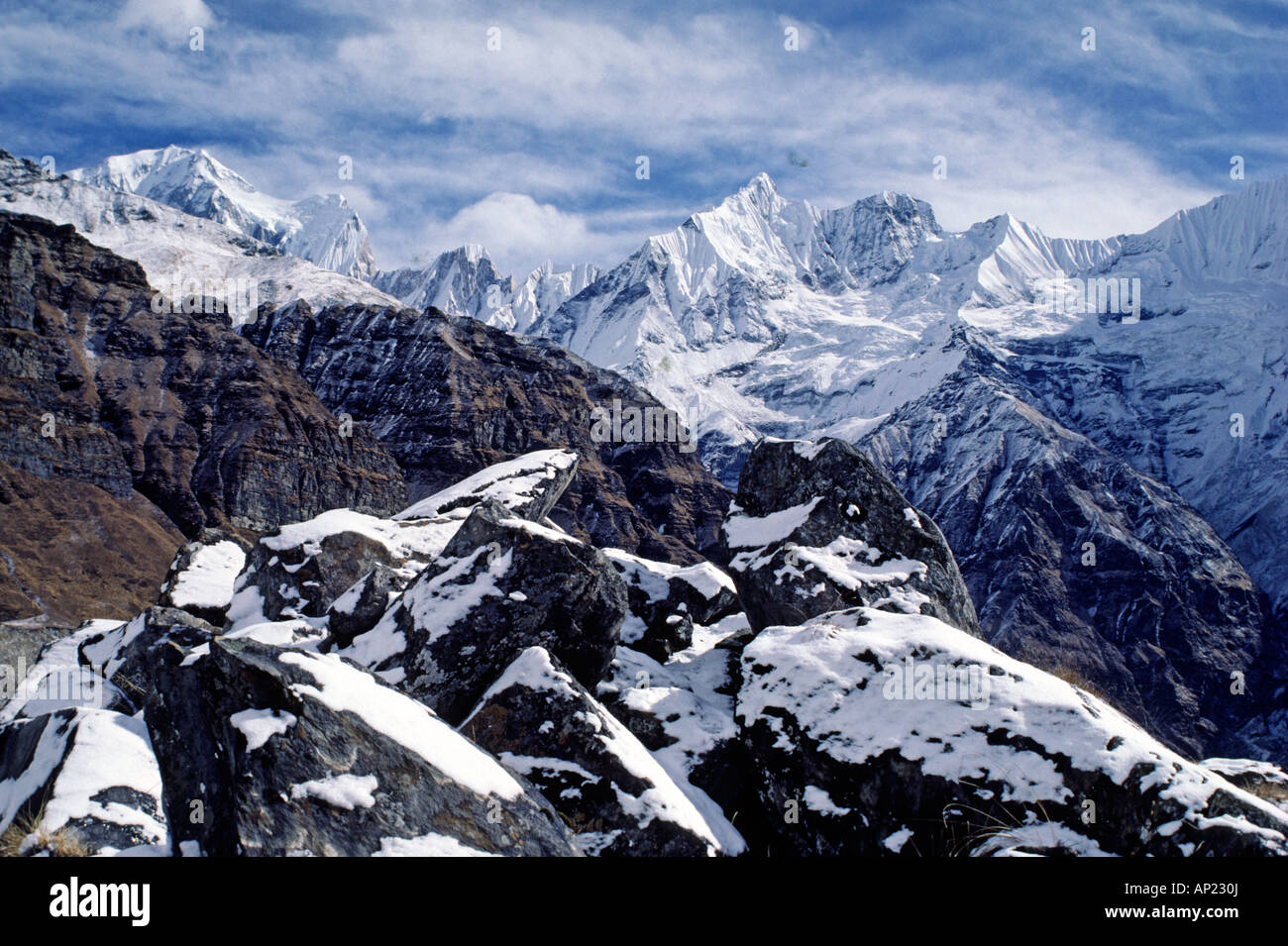 SNOWY ROCKS barren ridges and HIMALAYAN PEAKS including ANNAPURNA 4 ...