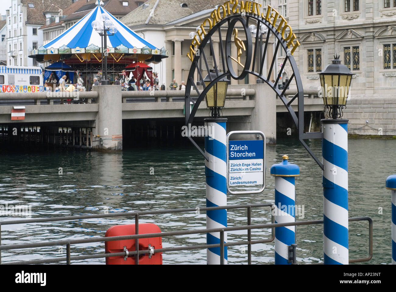 Limmat River in Zurich, Switzerland with dock of the Hotel zum Storchen Stock Photo