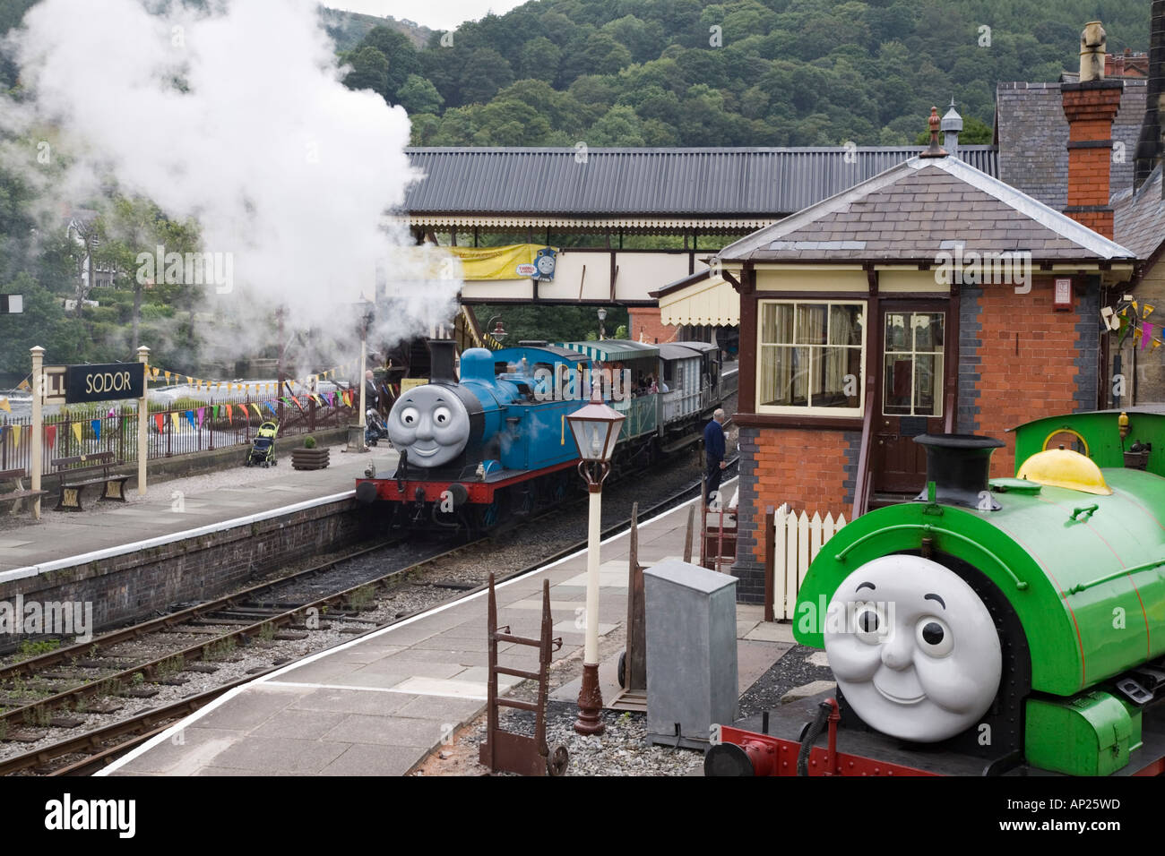 Steam trains Percy and Thomas the Tank Engine in railway station for special event on Llangollen Steam Railway Denbighshire Wales UK Stock Photo