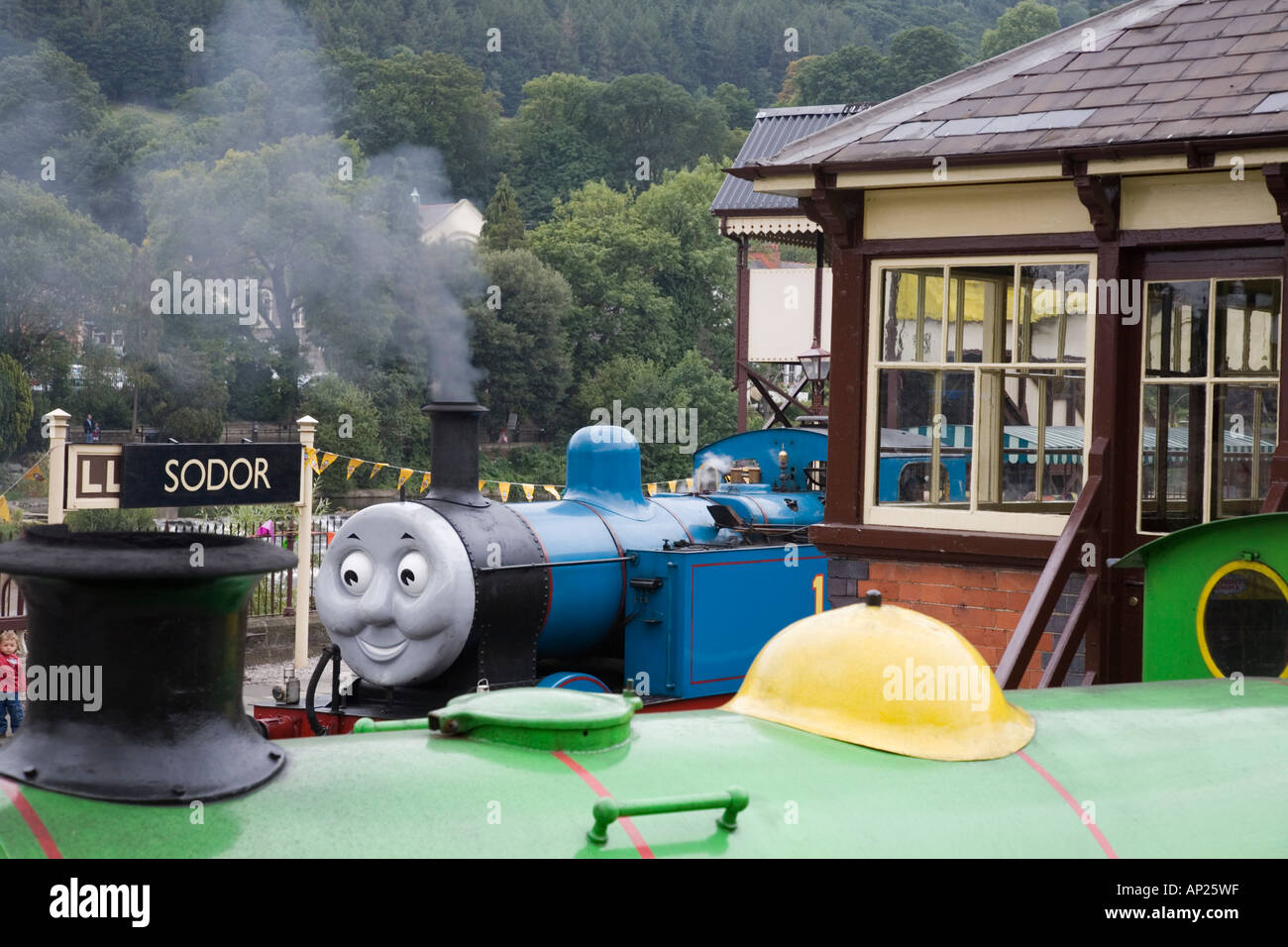 Steam trains Percy and Thomas the Tank Engine with Percy in front in station for special event on Llangollen Steam Railway Stock Photo