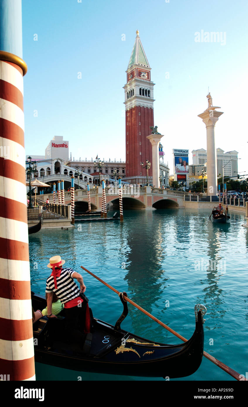 Gondolier in canal at Venetian Hotel and Casino Las Vegas Stock Photo