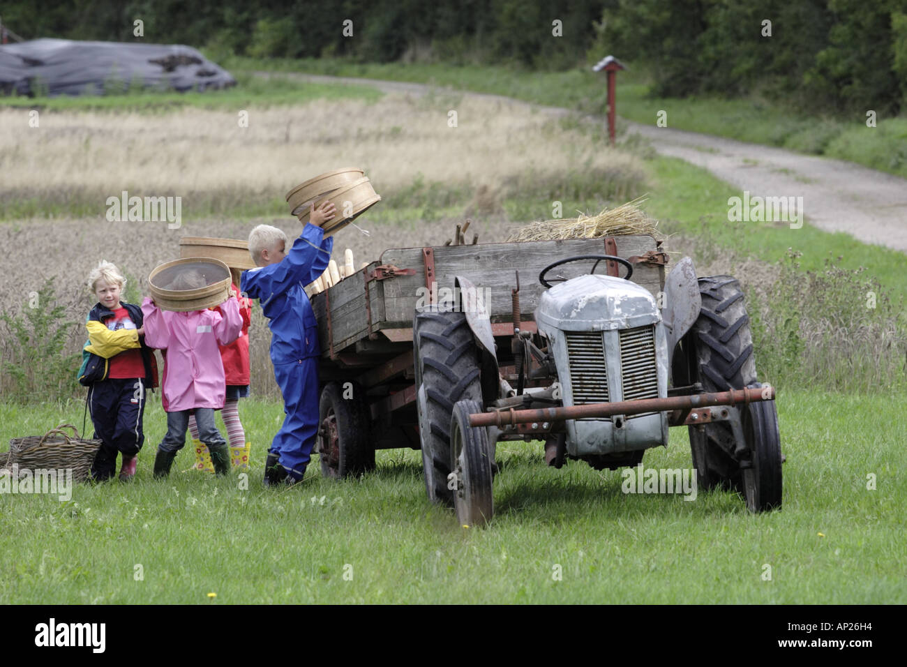 Schoolchildren loading crops into a trailer on the back of a tractor as part of a school outing to a farm Stock Photo