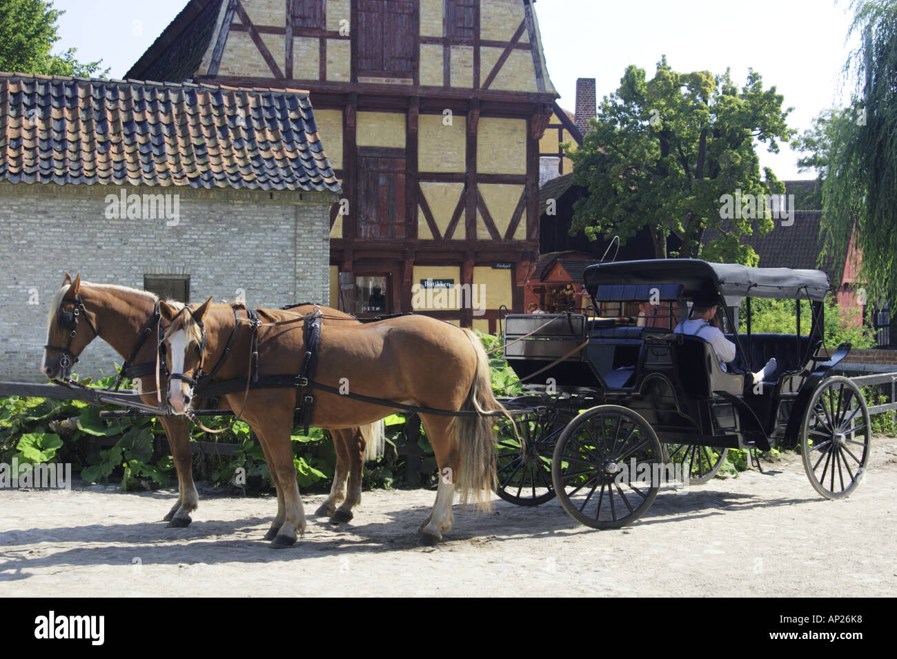 Horse drawn carriage in the Old Town Museum Den Gamle By, Arhus Denmark Stock Photo