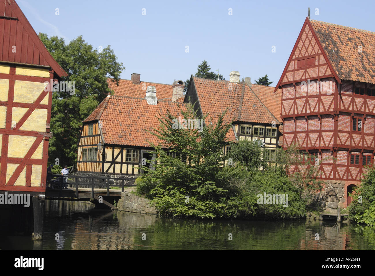 View across the lake in the Old Town Museum Den Gamle By, Arhus Denmark Stock Photo