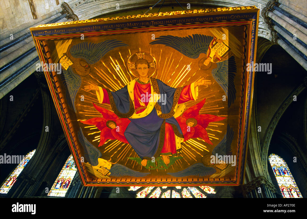 Religious painting, known as a tester, of Christ in Glory above tomb of Saint Cuthbert in Durham Cathedral, Durham, England. Stock Photo