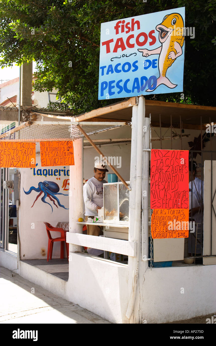 MEXICO Cabo San Lucas Fish taco stand along sidewalk Stock Photo