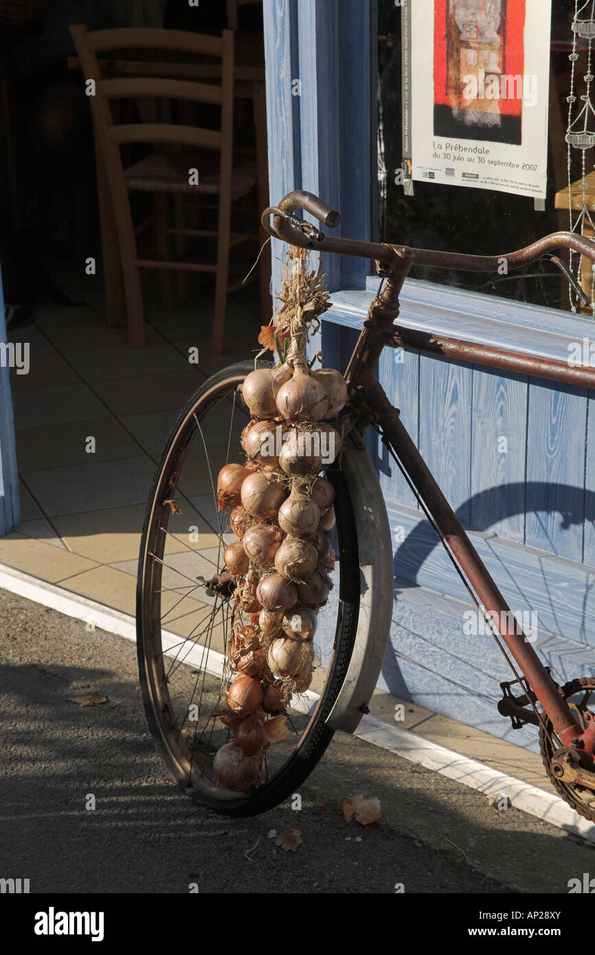 Creperie and onion sellers bike Roscoff Brittany France Stock Photo