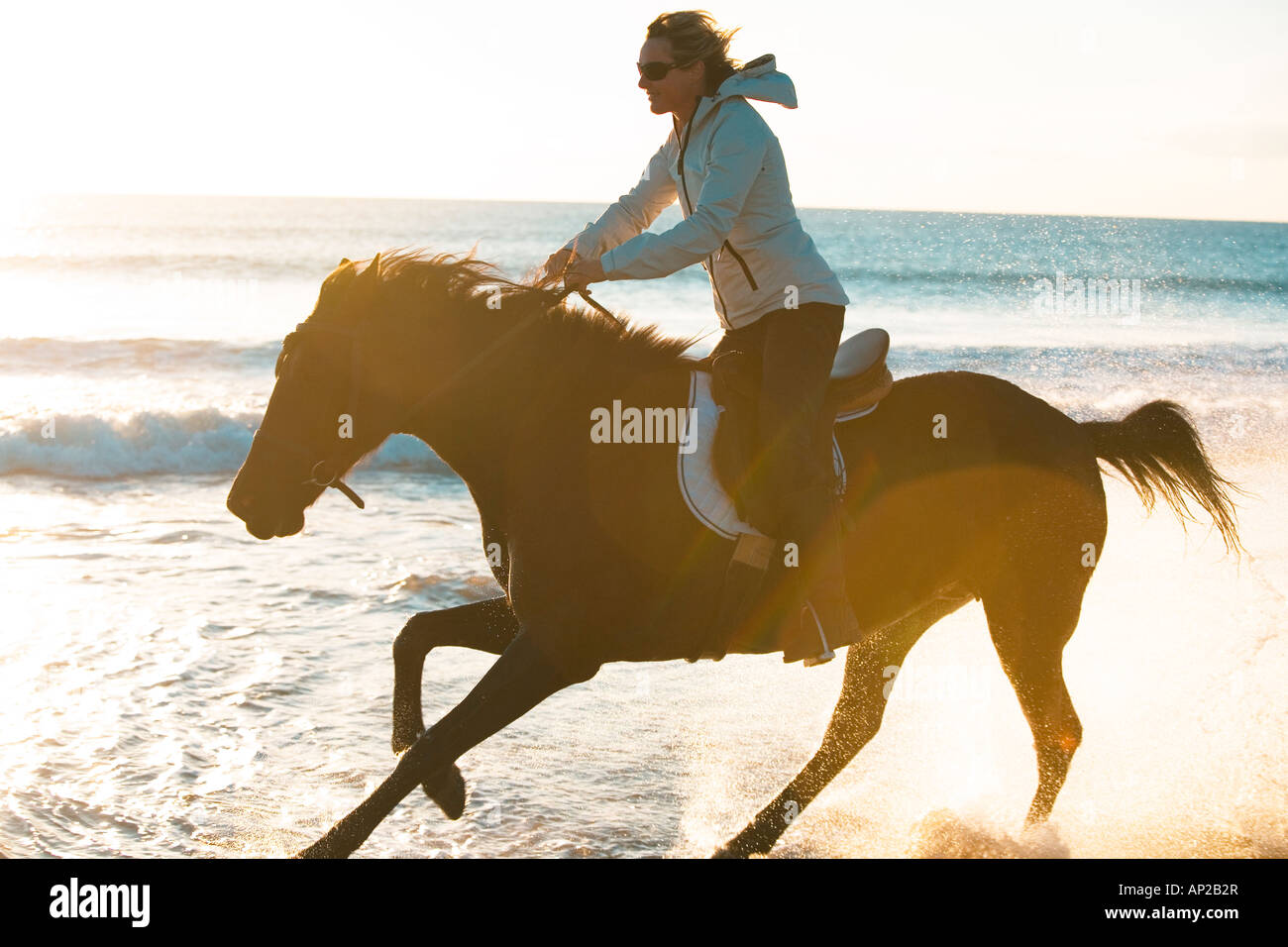 young woman galloping on a horse on the sea shore Stock Photo
