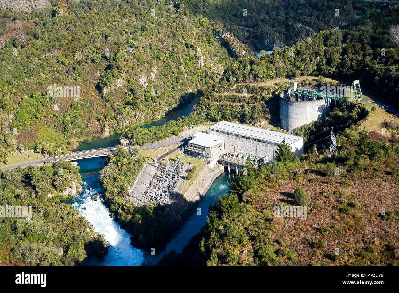 Aratiatia Rapids and Aratiatia Hydro Power Station Waikato River near Taupo North Island New Zealand aerial Stock Photo