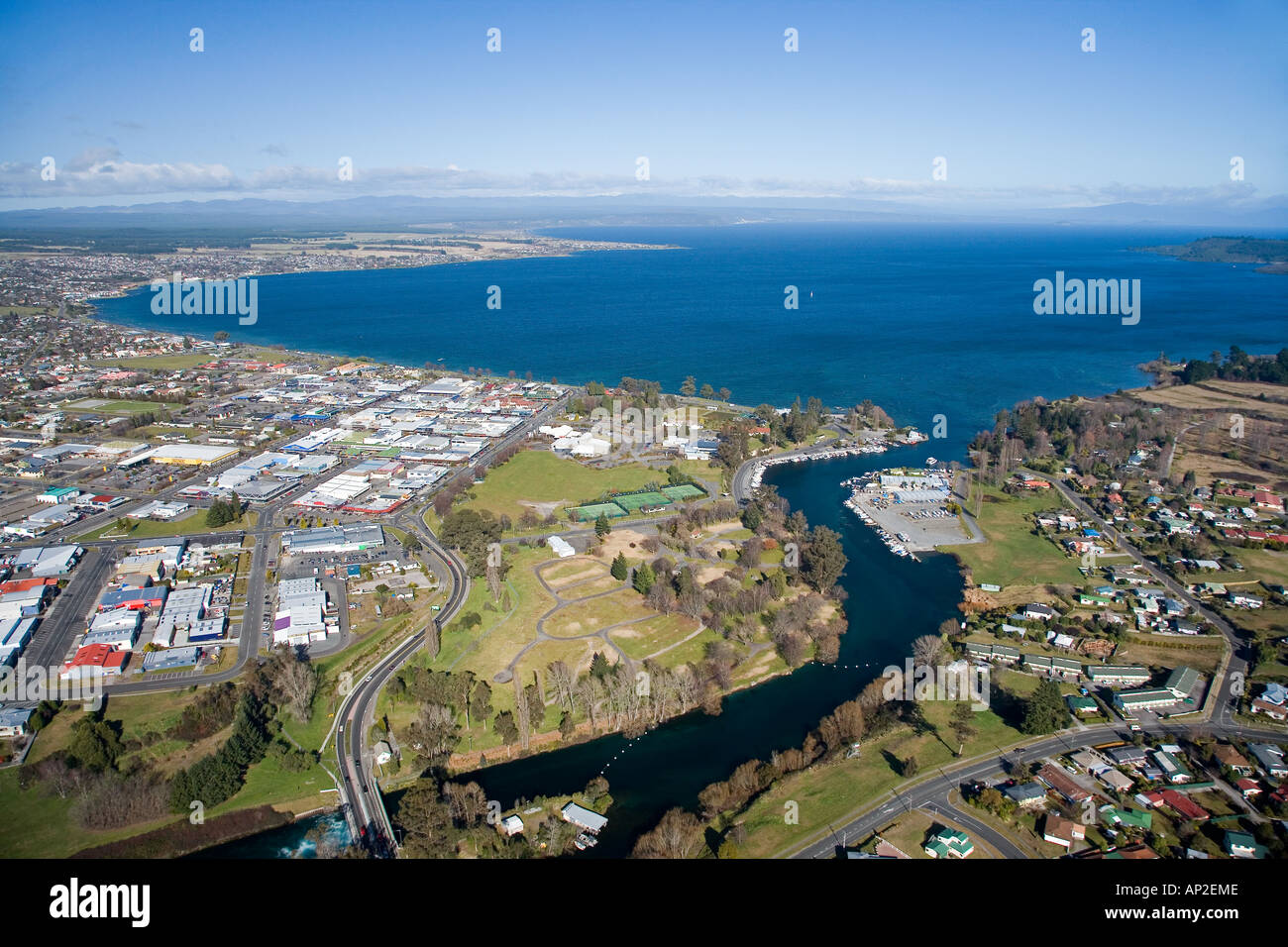 Taupo Lake Taupo and Waikato River North Island New Zealand aerial Stock Photo