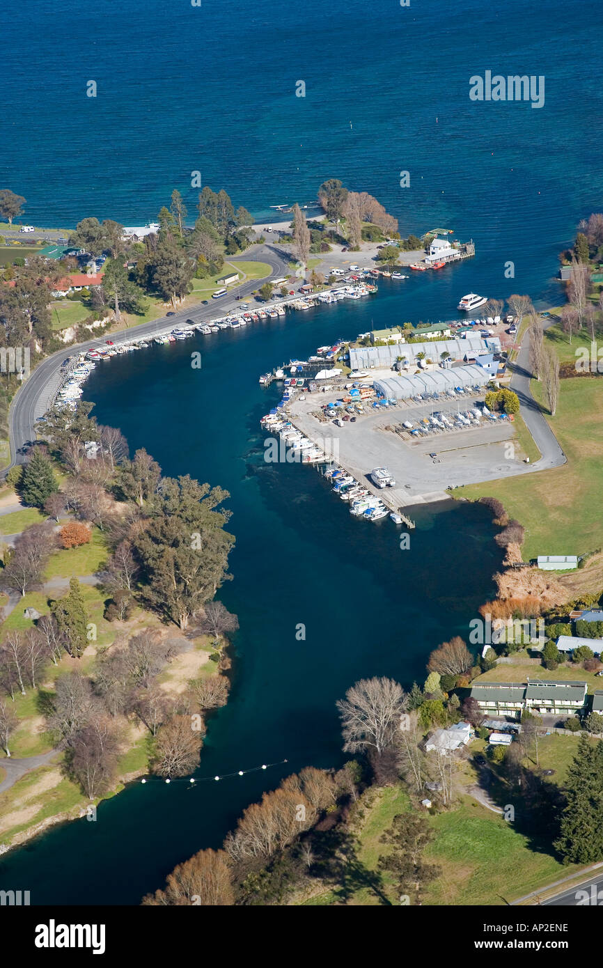 Marina at Source of Waikato River by Lake Taupo Taupo North island New Zealand aerial Stock Photo