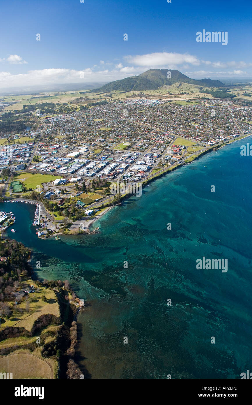 Taupo Lake Taupo and Waikato River North Island New Zealand aerial Stock Photo