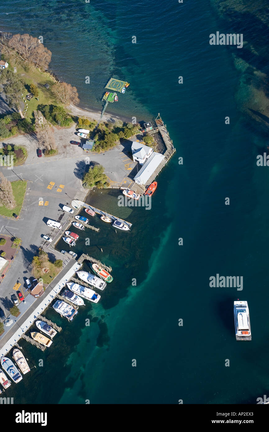 Marina at Source of Waikato River by Lake Taupo Taupo North island New Zealand aerial Stock Photo
