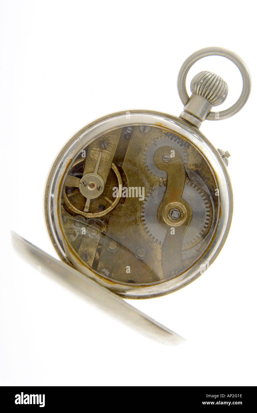 Pocket Watch mechanism gears Swiss Railway Register on white background Stock Photo