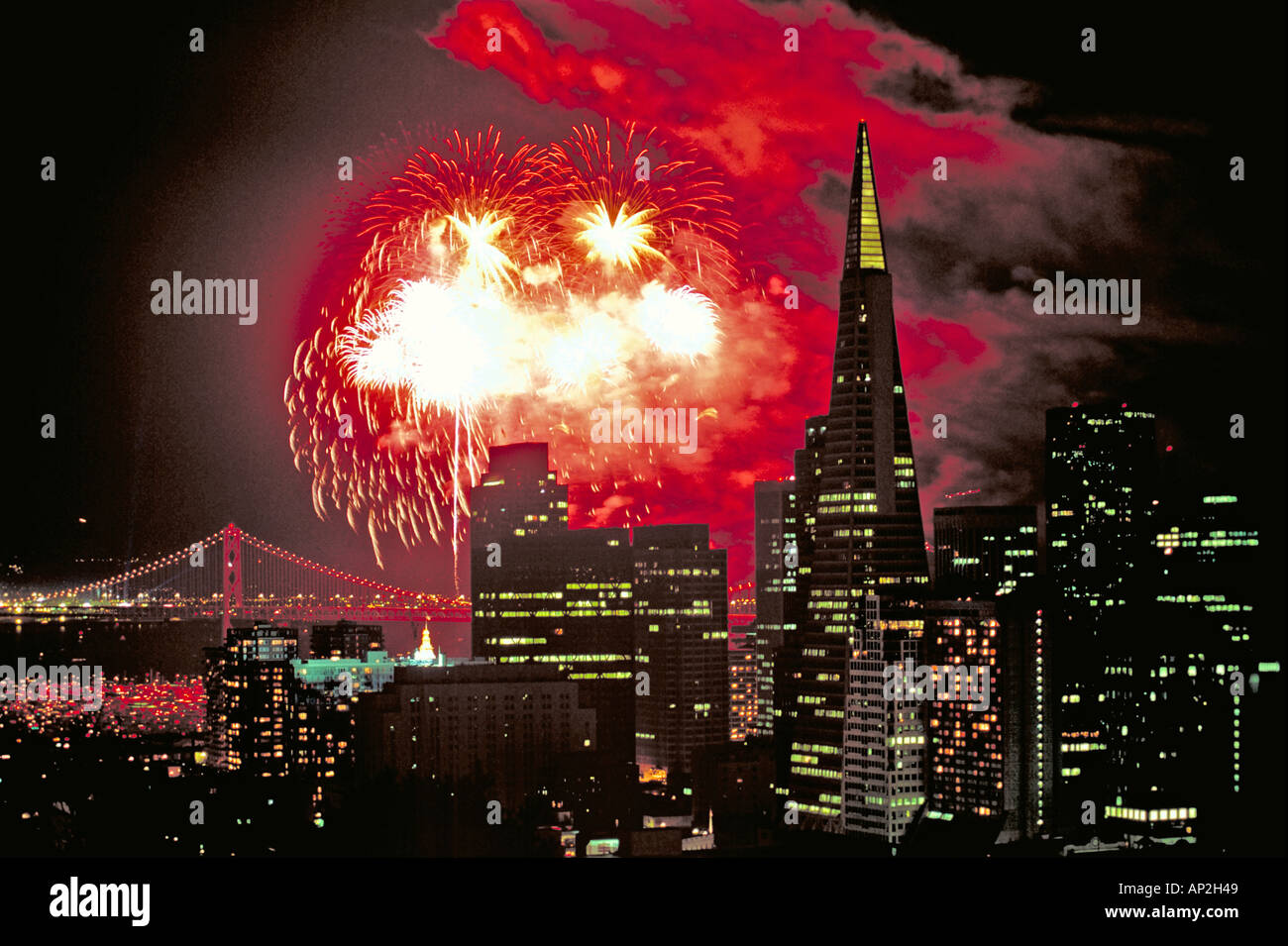 Elk205-6359 San Francisco, CA, Bay Bridge 50th anniversary fireworks Stock Photo