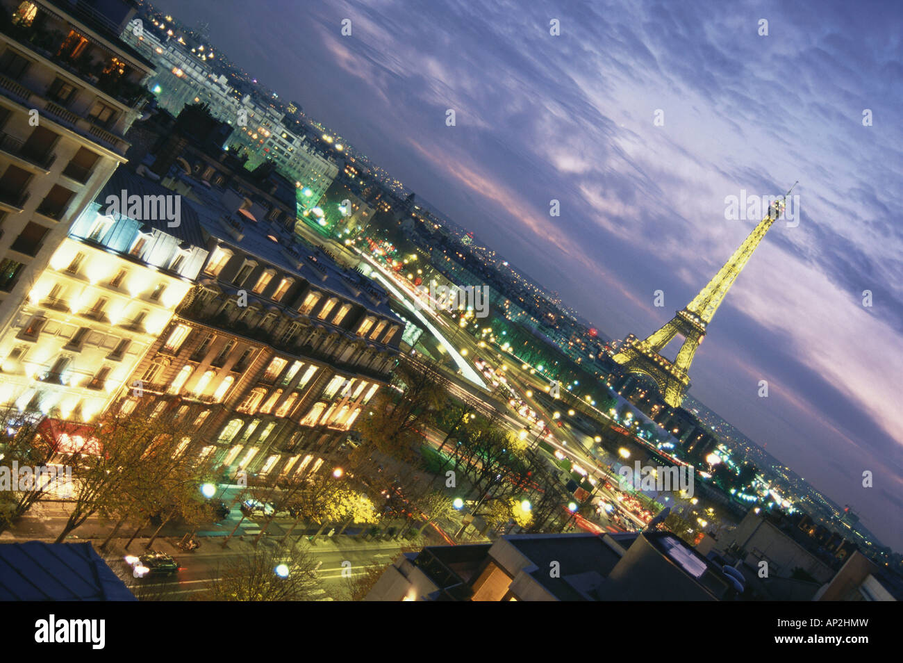 Panorama, Cityscape of Paris at night, with Eifel tower in the background, illuminated, Capitel, Paris, France Stock Photo